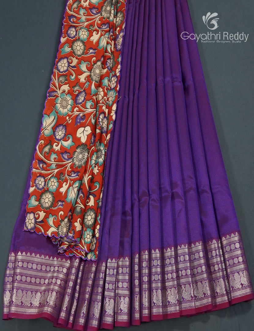 Pure Mangalagiri Langa Voni Set in Purple and Red