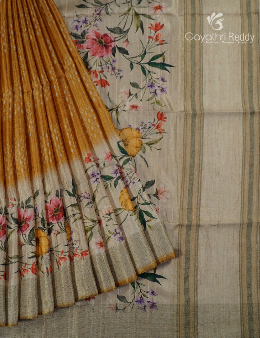 Semi Tussar Saree in Mustard and Ivory