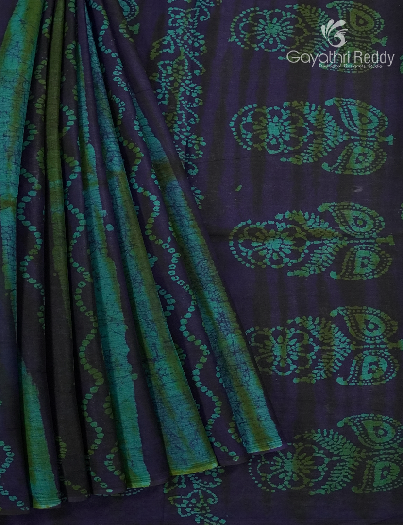 Cotton Batik Print Saree in Navy Blue and Sea Green