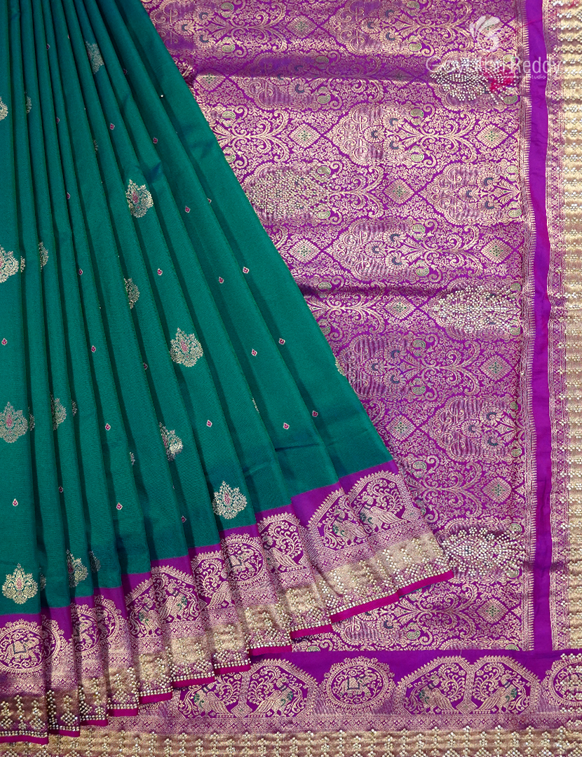 Semi Kanchipuram Silk Fancy Saree in Deep Rama Green and Magenta