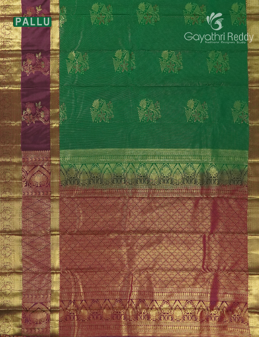 Semi Kanchipuram Silk Saree in Mango Green and Deep Brown