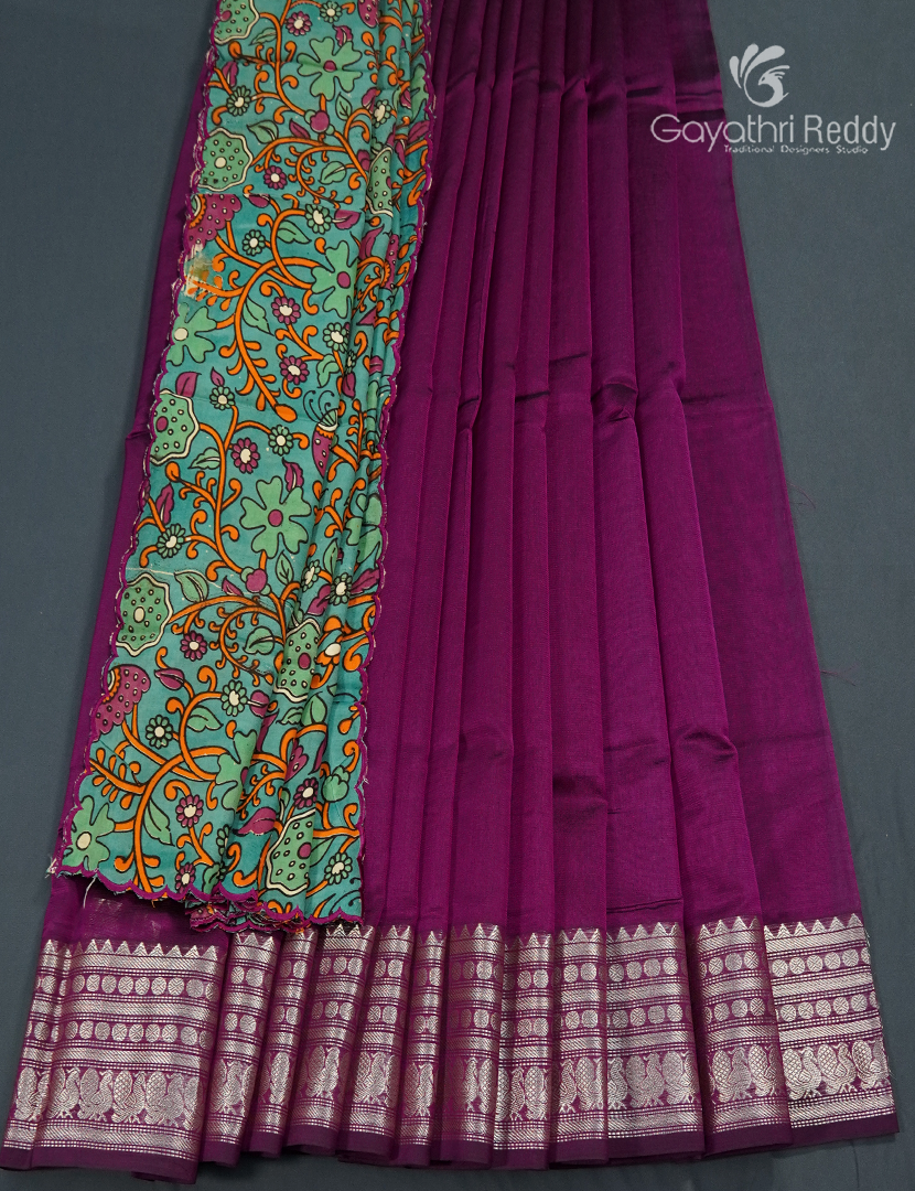 Pure Mangalagiri Langa Voni Set in Deep Magenta and Sea Green