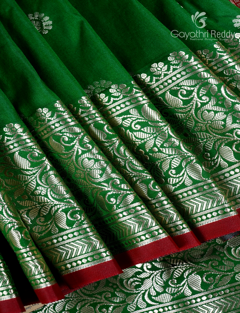 Semi Banaras Katan Silk Saree in Bottle Green and Red