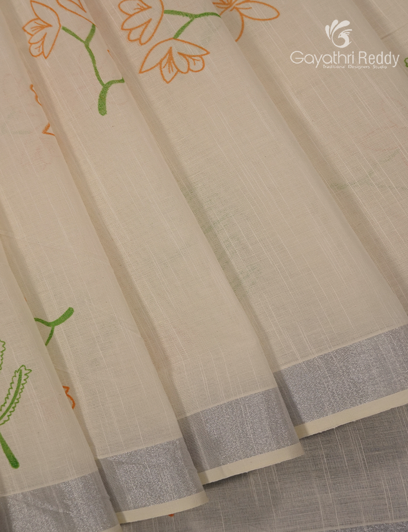 Pure Kanchi Cotton Printed Saree in Ivory and Grey