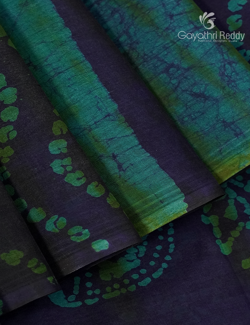 Cotton Batik Print Saree in Navy Blue and Sea Green