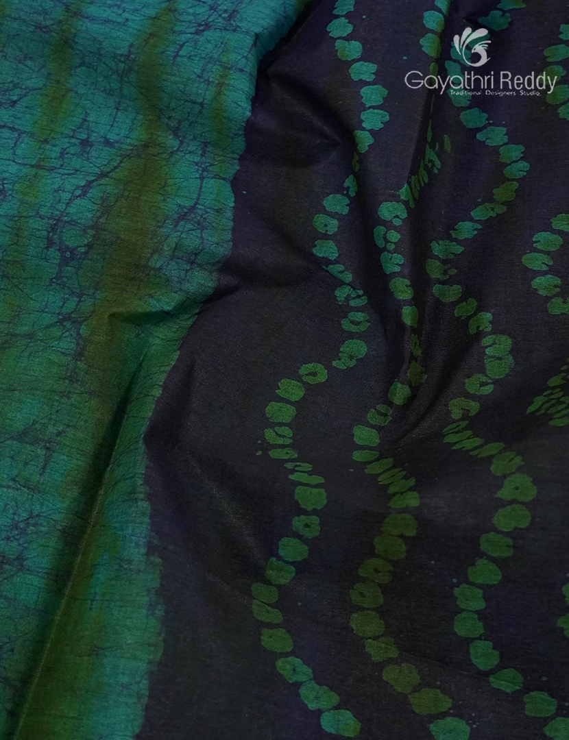Cotton Batik Print Saree in Navy Blue and Sea Green