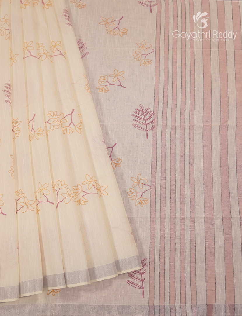 Pure Kanchi Cotton Printed Saree in Ivory and Peach