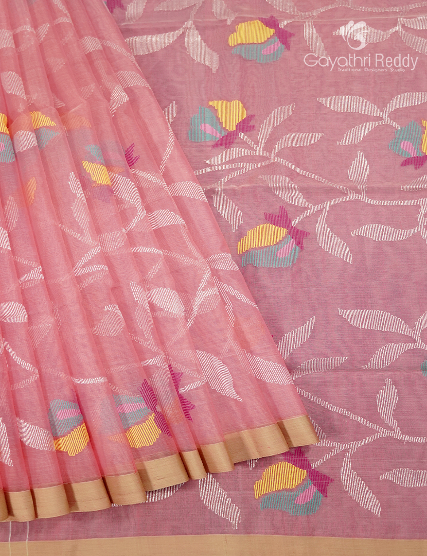 Pure Jamdani Kora Saree in Pastel Peach