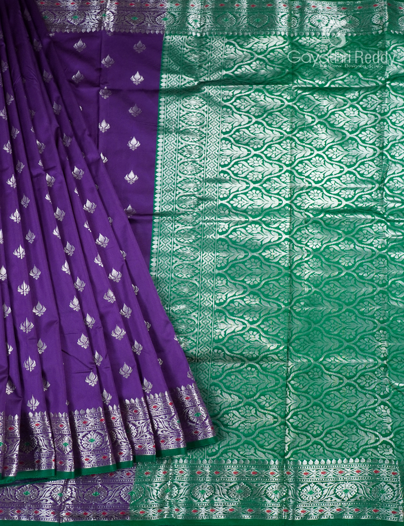 Semi Banaras Katan Silk Saree in Purple and Bottle Green
