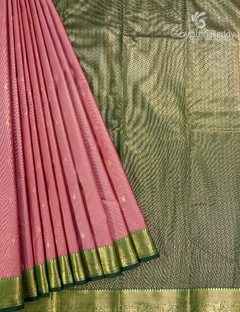 Semi Kanchipuram Silk Saree in Peach and Bottle Green