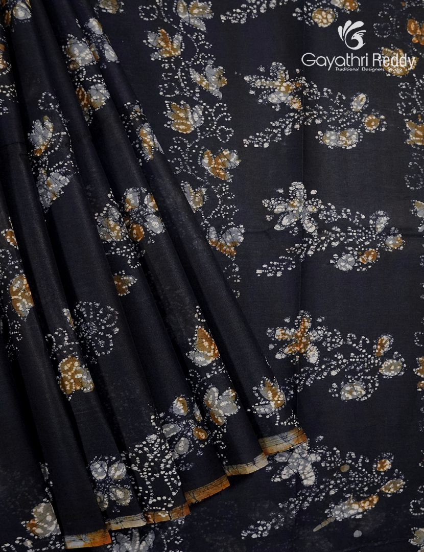 Cotton Batik Print Saree in Deep Navy Blue