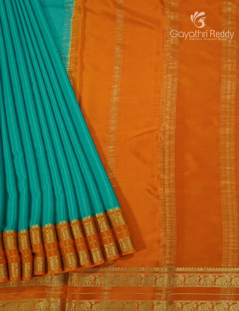 Pure Mysore Silk Saree in Sea Green and Orange