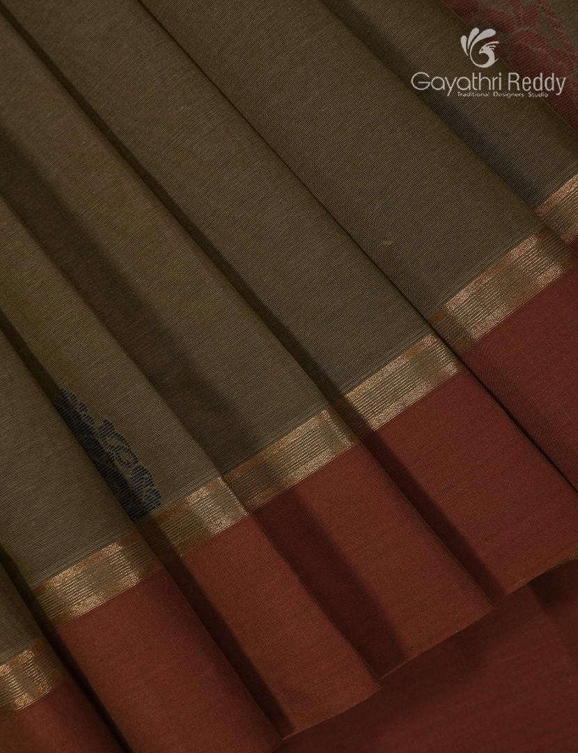Pure Kanchi Cotton Saree in Deep Olive Grey