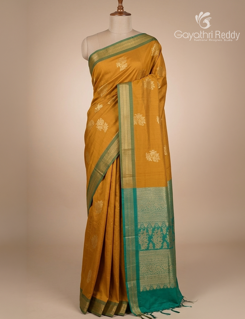 Kanchipuram Sico Saree in Yellow and Sea Green