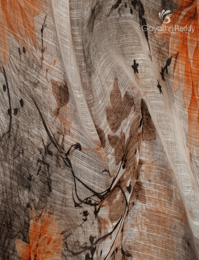Linen Silk Saree in Cream and Rust Orange