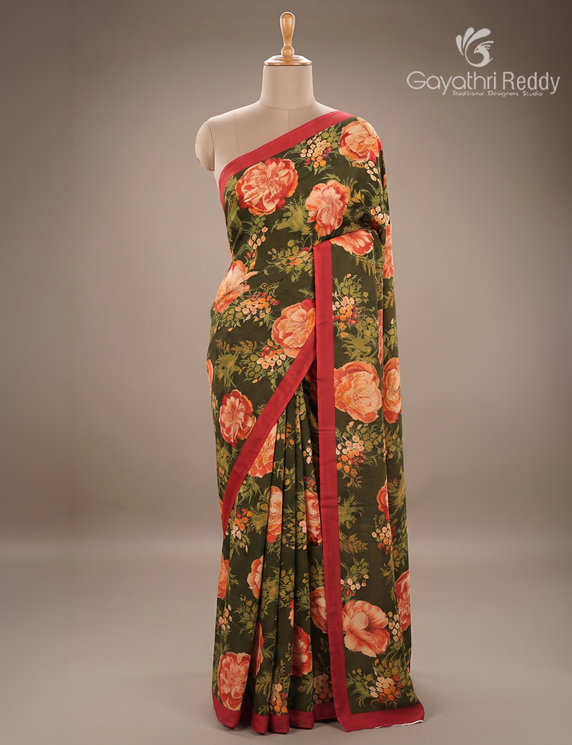 Pure Crepe Silk Saree in Deep Olive Green and Red