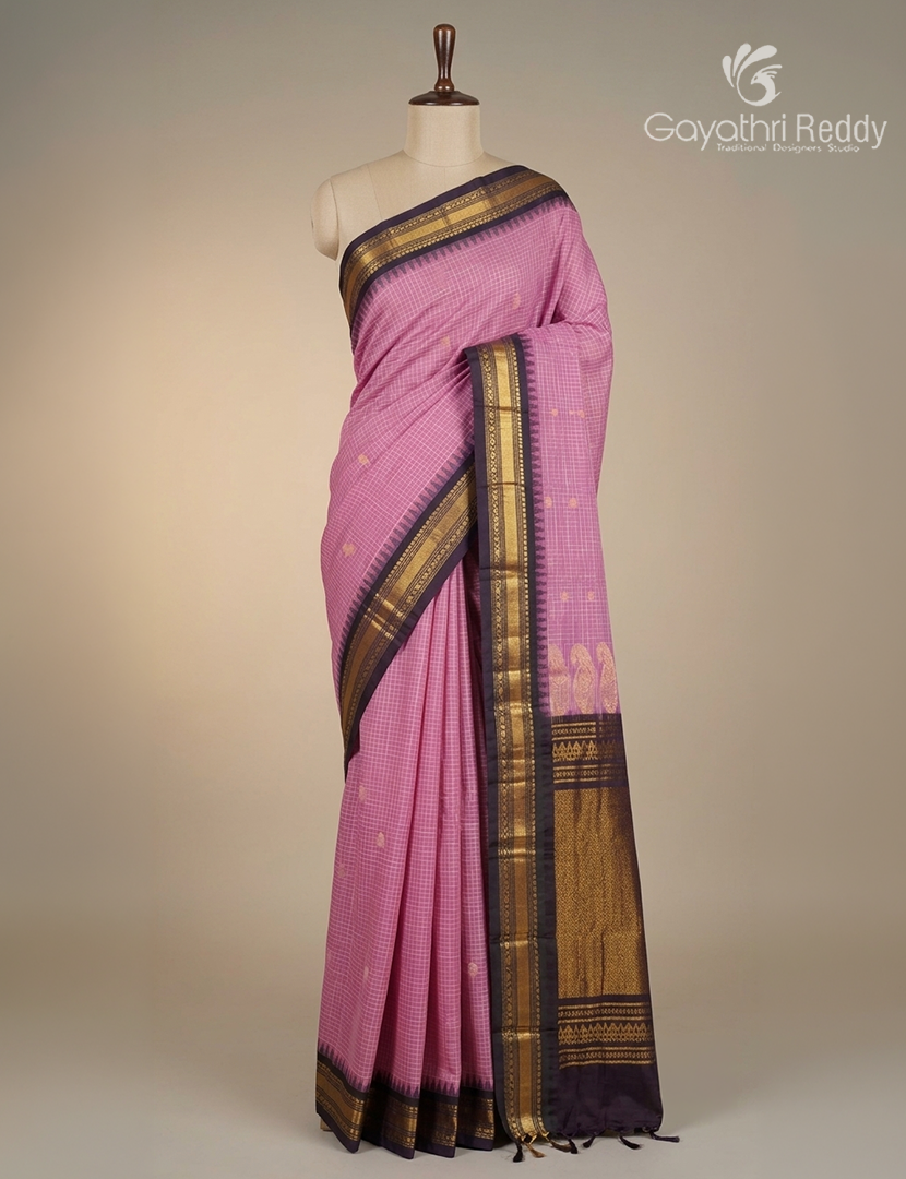 Pure Gadwal Cotton Saree in Blush Peach and Deep Blue