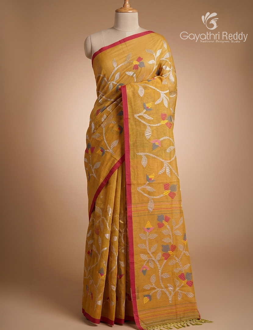 Pure Jamdani Kora Saree in Yellow
