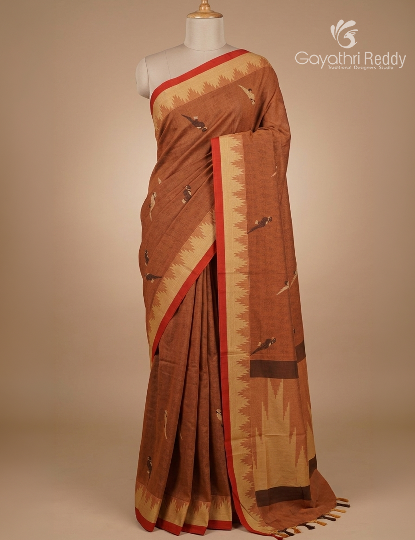 Pure Kanchi Cotton Saree in Deep Rust
