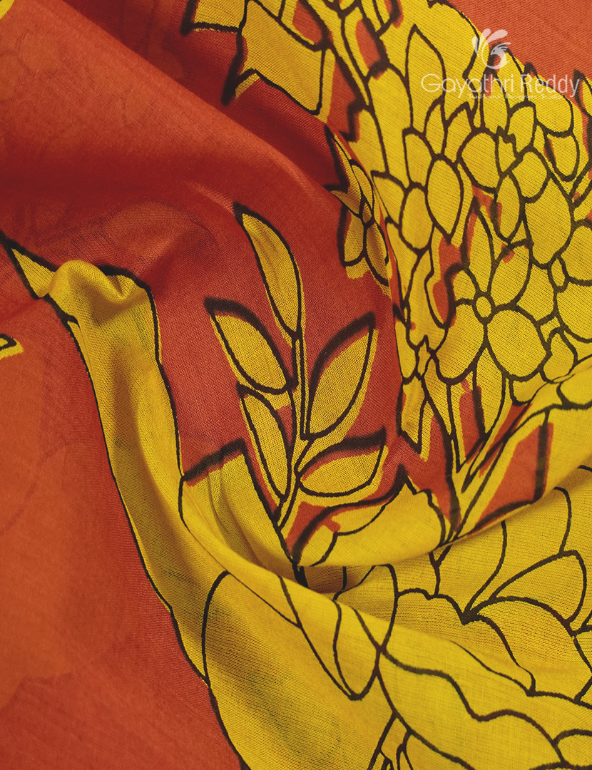 Pure MulMul Cotton Saree in Orange and Black