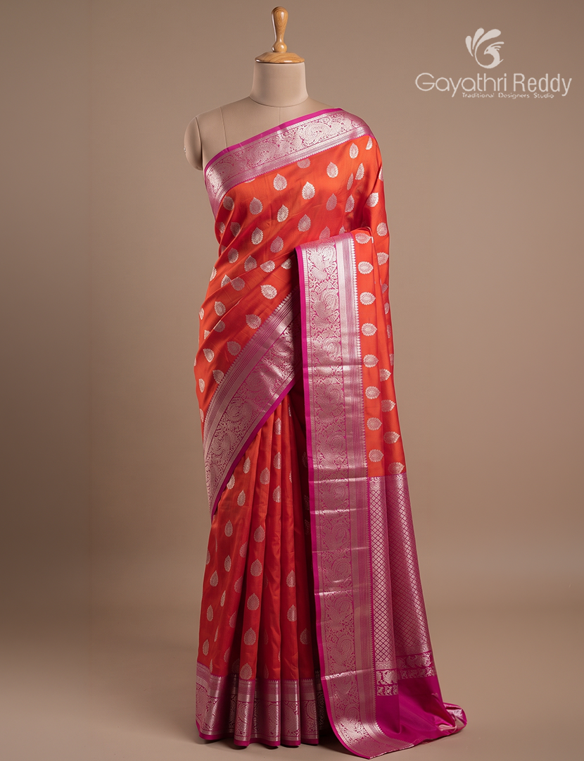 Pure Venkatagiri Silk Saree in Peach Pink and Hot Pink