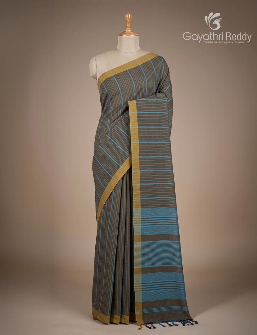 Pure Handloom Cotton Saree in Deep Olive Green and Cloud Blue