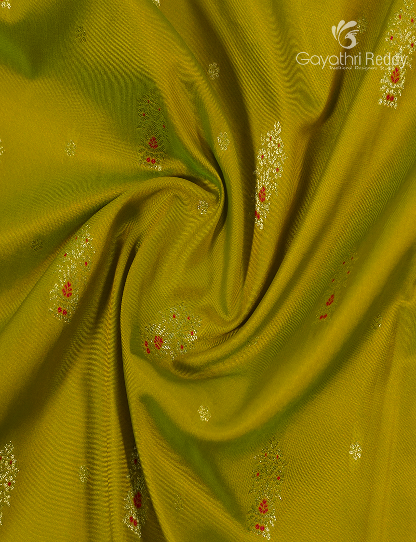 Semi Kanchipuram Silk Fancy Saree in Mehendi Green and Rust