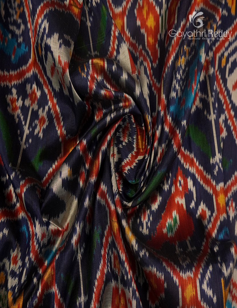 Pure Ikat Silk Saree in Deep Navy Blue and Red