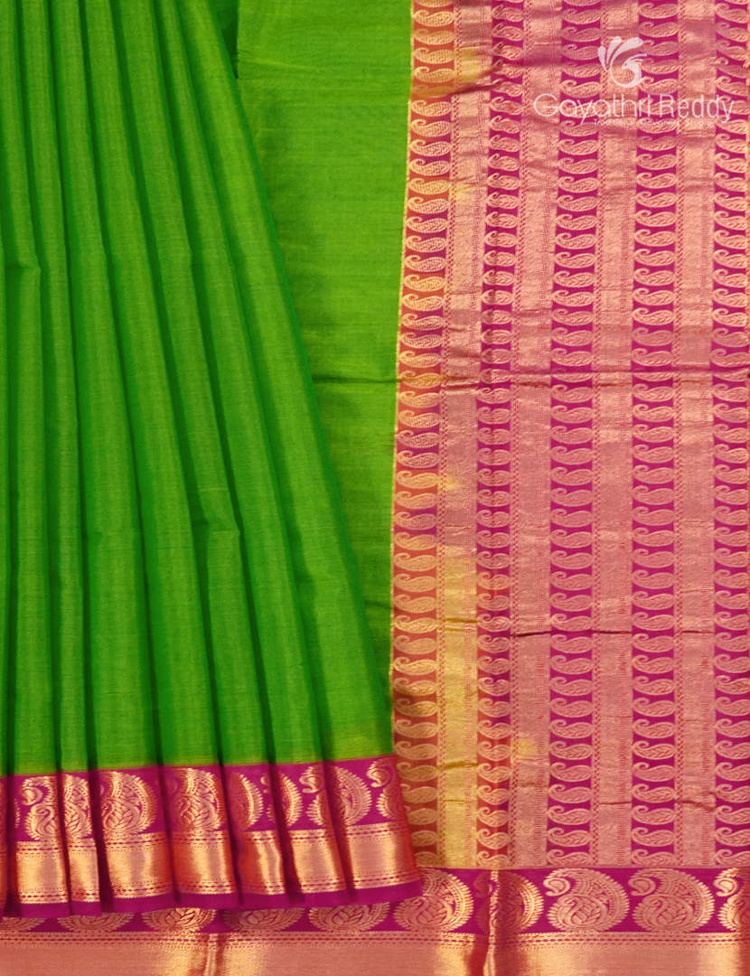 Pure Kanchi Sico Saree in Parrot Green and Deep Pink