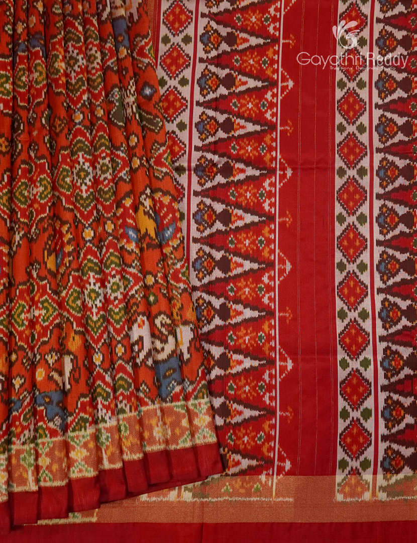 Pure Ikat Silk Saree in Orange and Red
