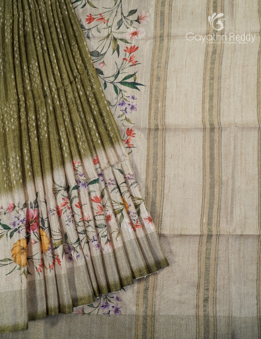 Semi Tussar Saree in Olive Green and Ivory