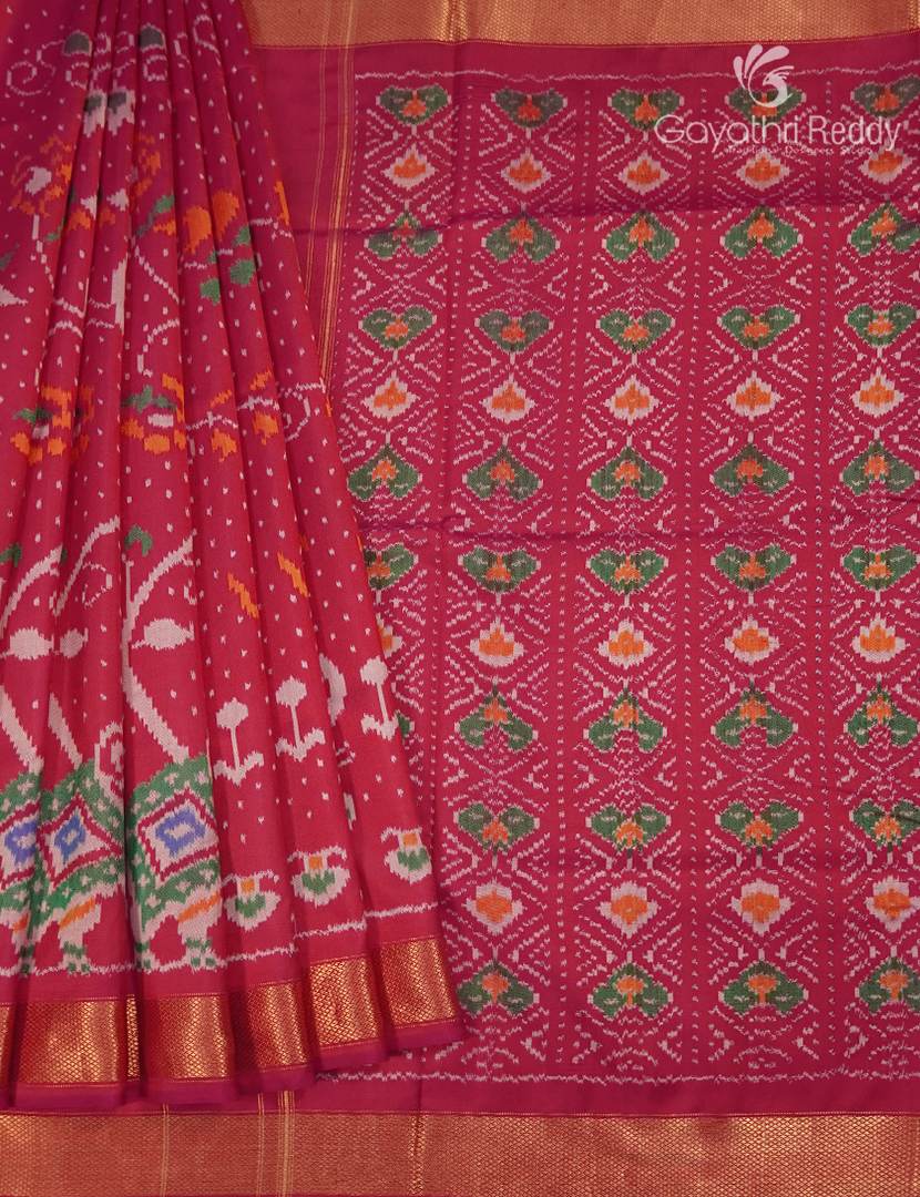 Pure Ikat Silk Saree in Rani Pink