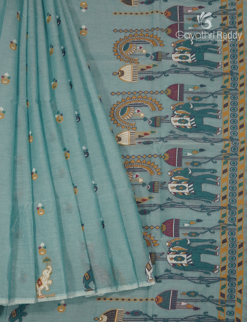 Jamdani Cotton Saree in Teal Blue