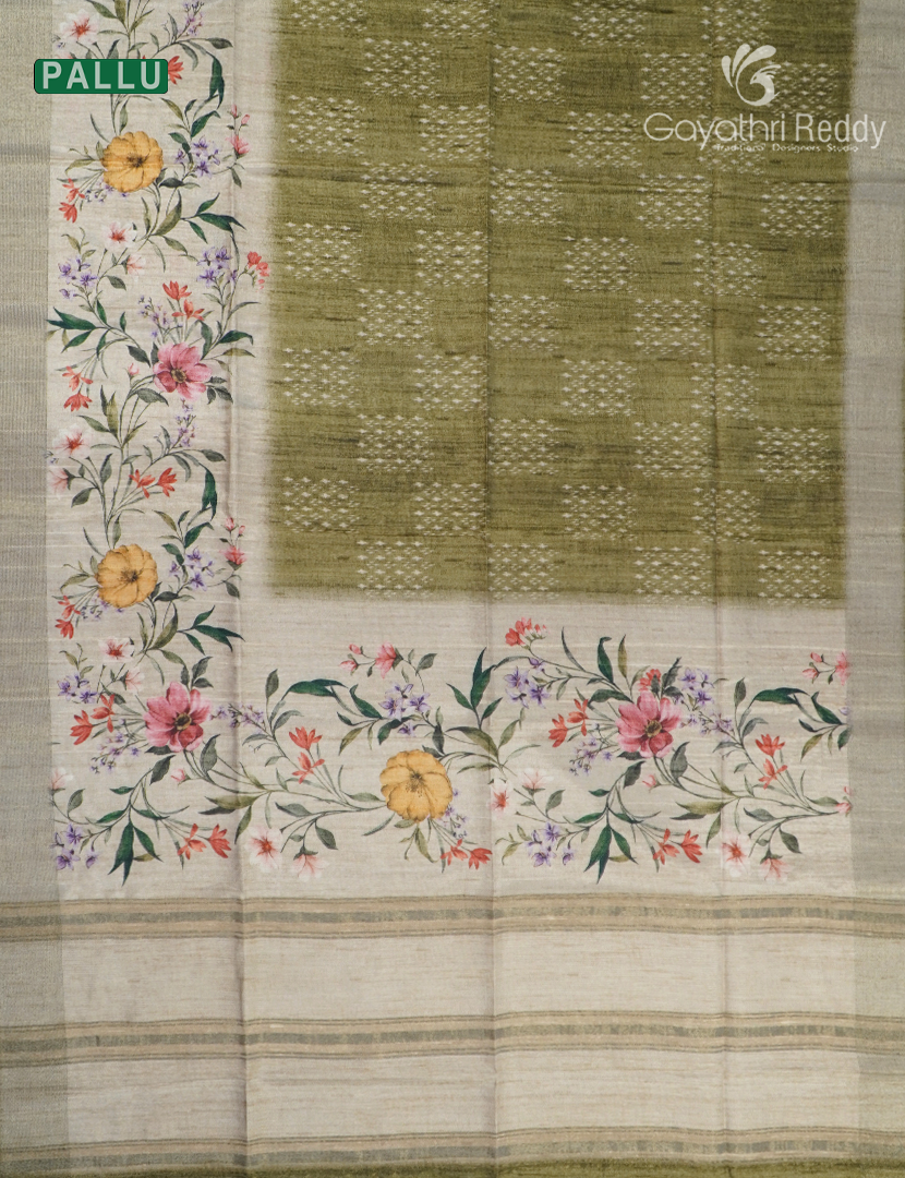 Semi Tussar Saree in Olive Green and Ivory