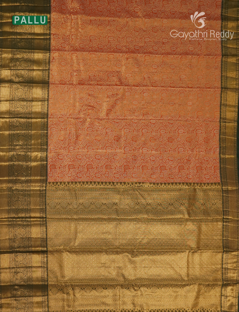 Pure Kanchipuram Silk Saree in Orange and Bottle Green ( Brocade Pattern )