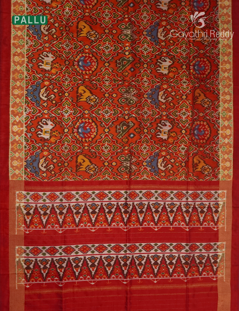 Pure Ikat Silk Saree in Orange and Red
