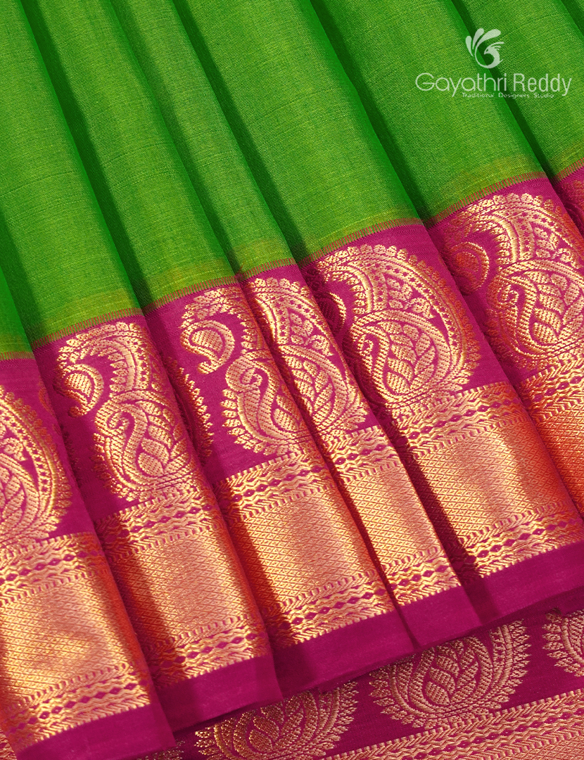Pure Kanchi Sico Saree in Parrot Green and Deep Pink