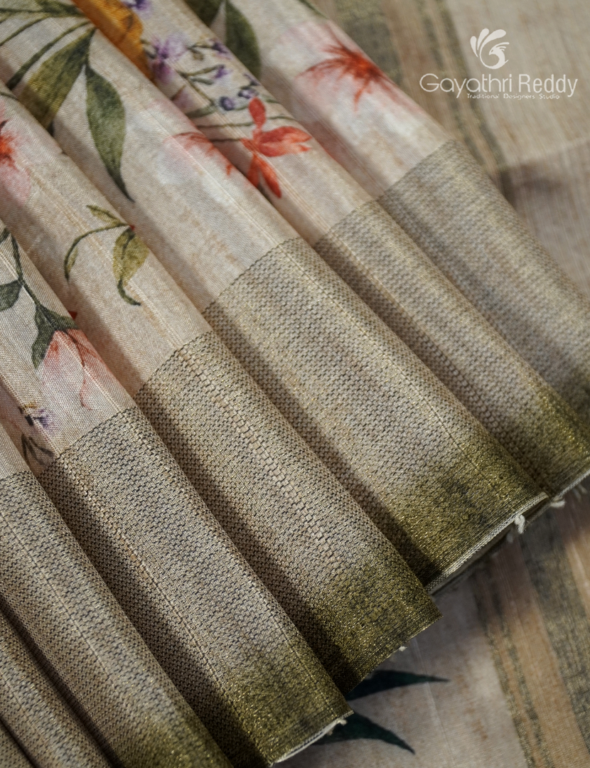 Semi Tussar Saree in Olive Green and Ivory