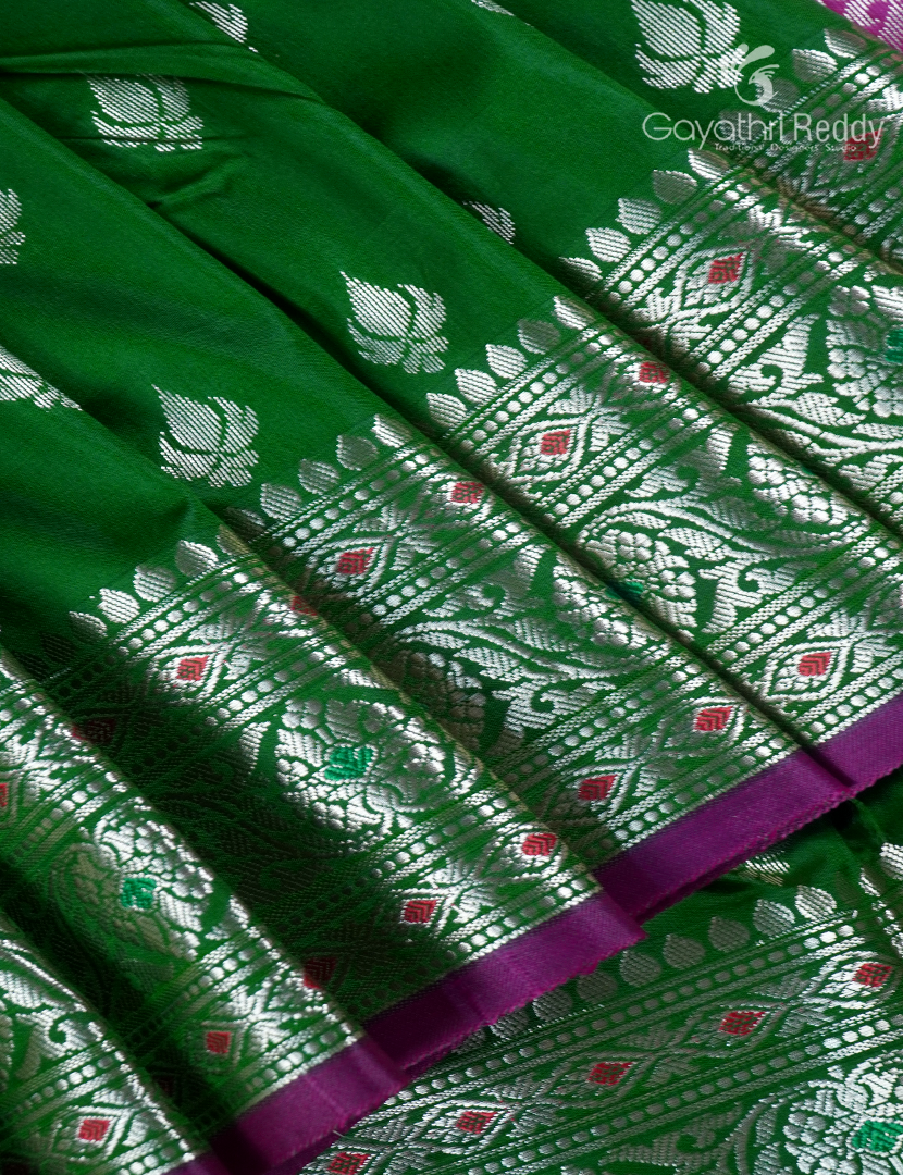 Semi Banaras Katan Silk Saree in Green and Pink