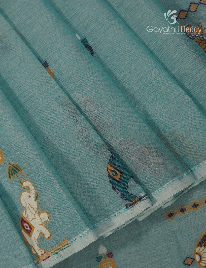 Jamdani Cotton Saree in Teal Blue