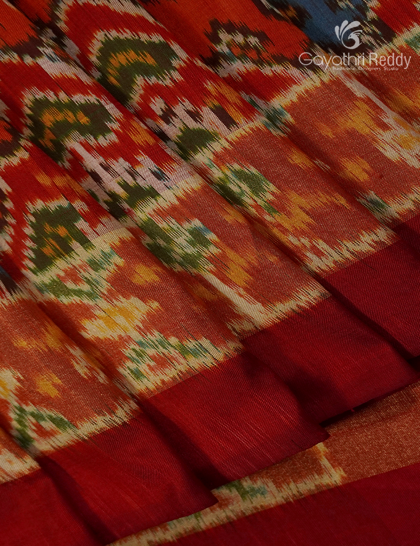 Pure Ikat Silk Saree in Orange and Red