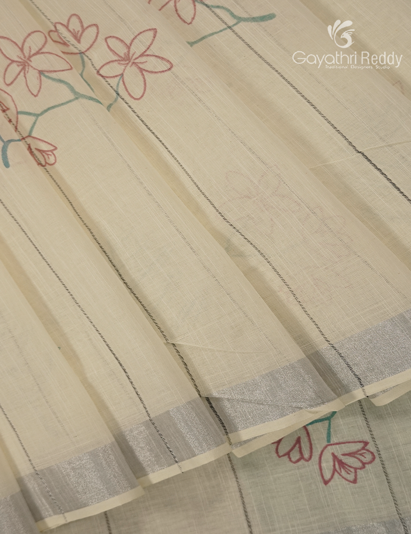 Pure Kanchi Cotton Printed Saree in Ivory and Mint Green