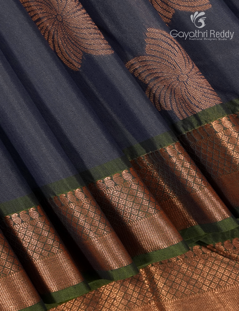 Kanchipuram Sico Saree in Ash Grey and Yellow