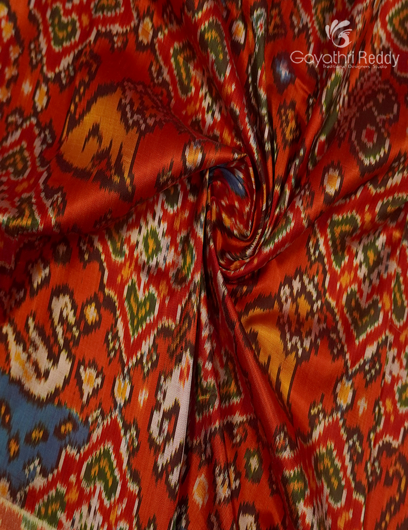 Pure Ikat Silk Saree in Orange and Red