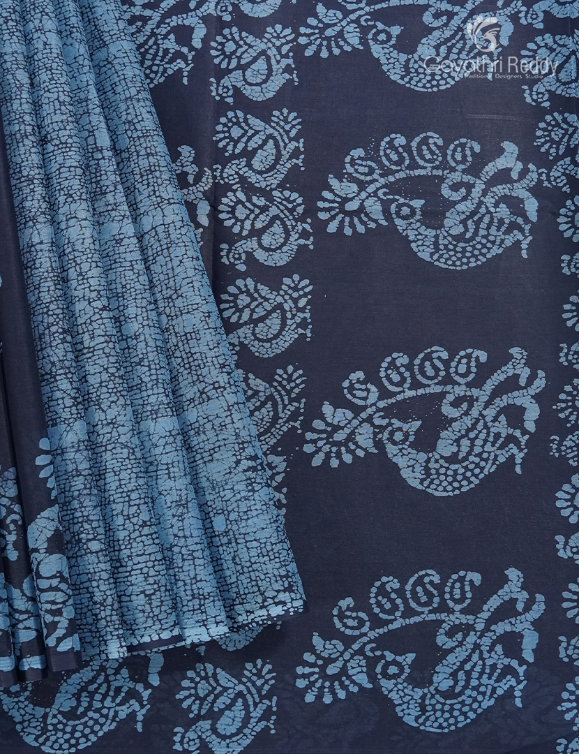 Cotton Batik Print Saree in Powder Grey and Navy Blue