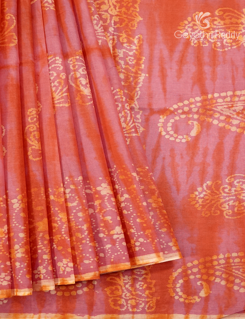 Cotton Batik Print Saree in Peach and Orange