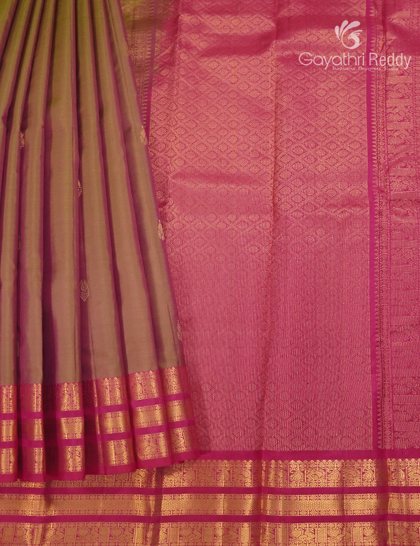 Pure Kanchipuram Silk Saree in Mehendi Green and Pink