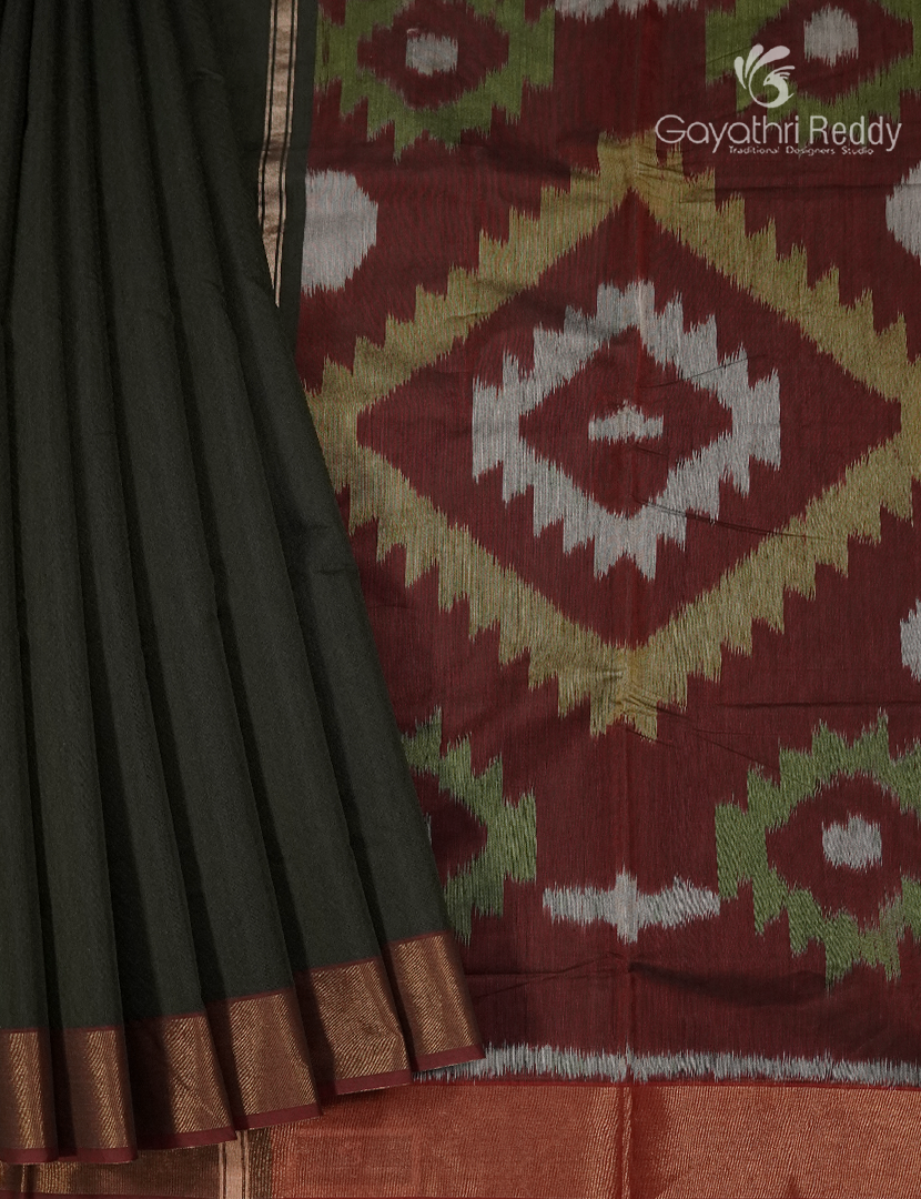 Semi Ikat Sico Saree in Olive Green