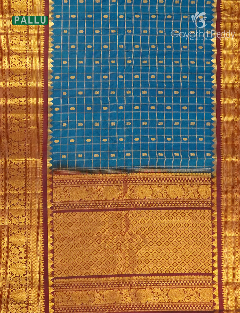 Pure Gadwal Silk Saree in Deep Peacock Blue and Maroon