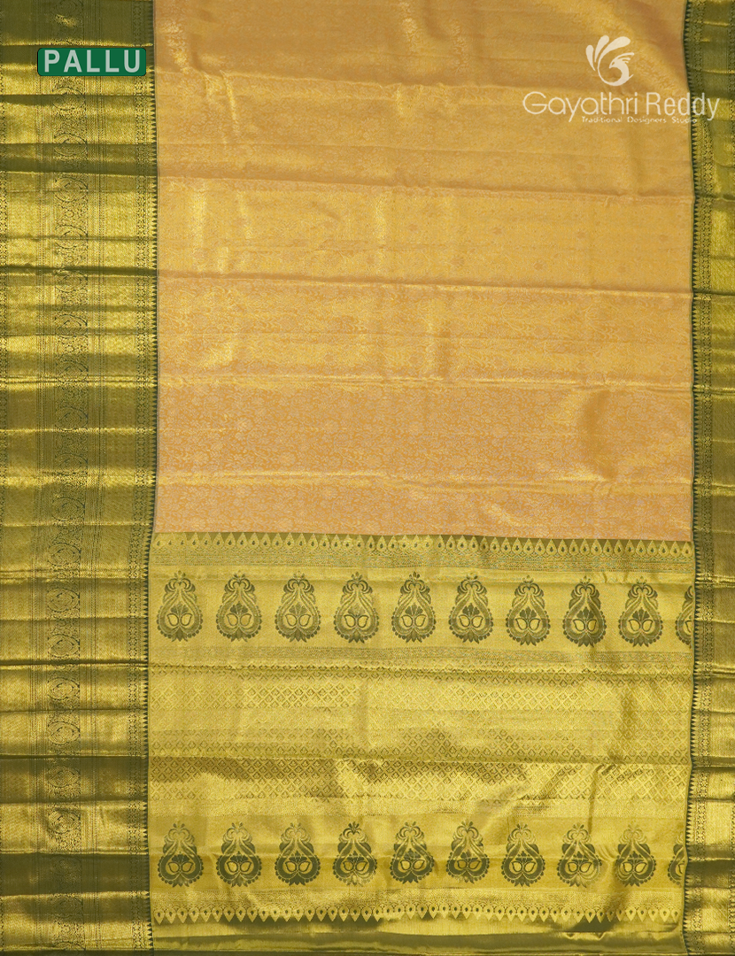 Pure Kanchipuram Silk Saree in Butter Yellow and Bottle Green ( Brocade Pattern )